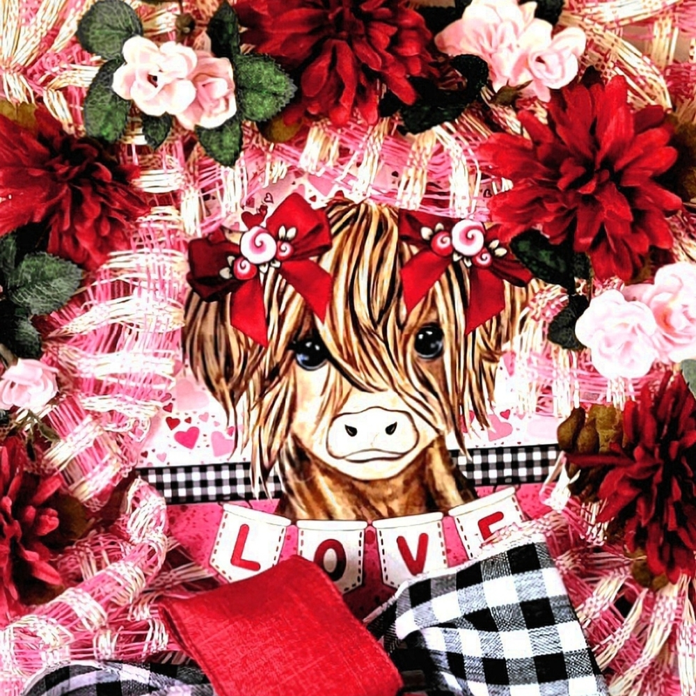 Love Highland Cow Wreath Deco Mesh Bow Flowers Anniversary Burthday Gift